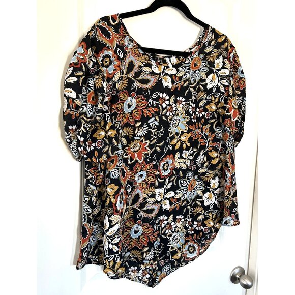 Floral Print Short-Sleeve Blouse XL Black Gold Blue Polyester - Picture 3 of 8